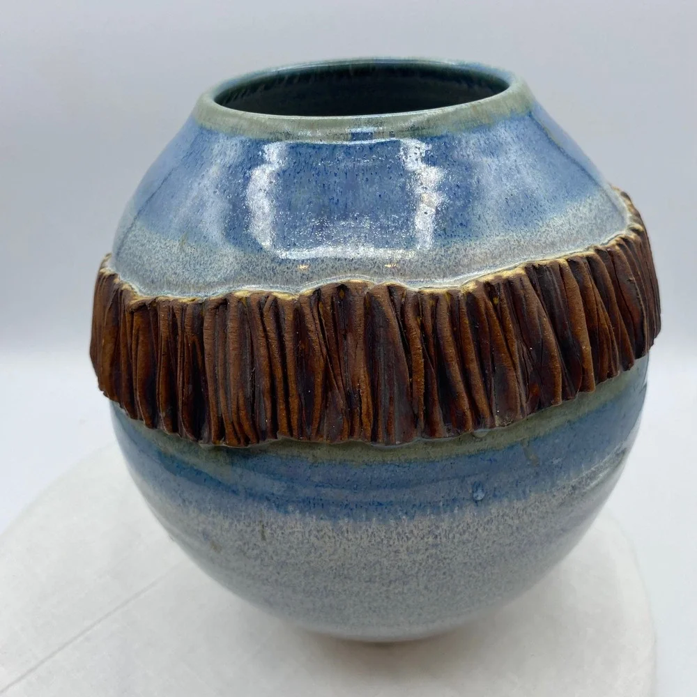 Studio Pottery Blue Speckled Globular Vase Textured Brown Band Artist Signed 8
